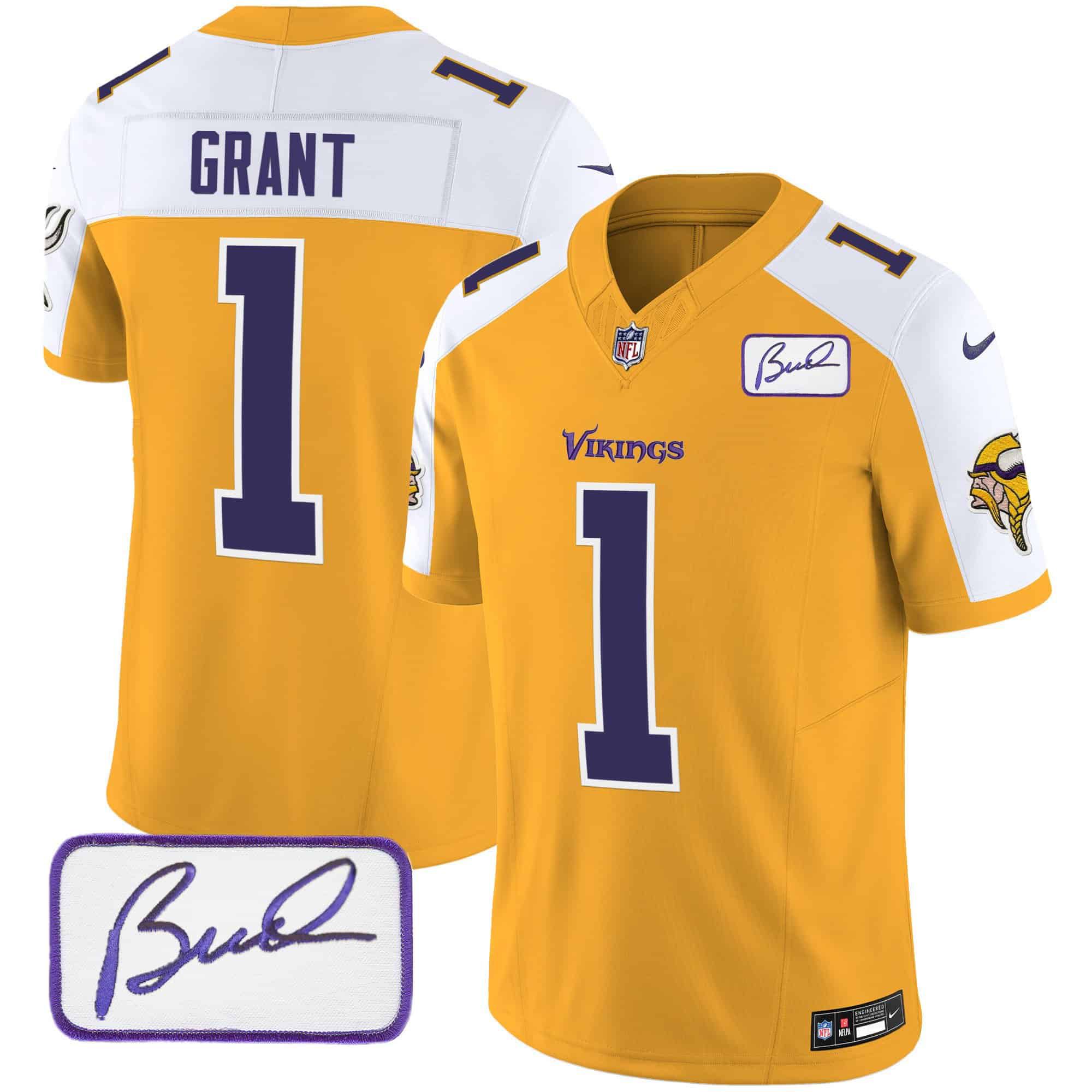 Men Minnesota Vikings 1 Grant Yellow 2024 Nike Bud Grant Patch Classic Limited NFL Jersey style 2